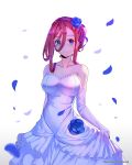  1girl bare_shoulders blue_eyes blue_flower blue_rose breasts bride collarbone dress elbow_gloves flower gloves go-toubun_no_hanayome hair_flower hair_ornament highres large_breasts looking_at_viewer making_of nakano_miku petals purple_eyes red_hair rose rose_petals smile solo strapless strapless_dress sysen updo watermark web_address wedding_dress white_background white_dress white_gloves 