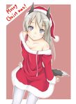  animal_ears aoharu_(ky5480pb70) bare_shoulders blush collarbone eila_ilmatar_juutilainen grey_hair hat merry_christmas pantyhose purple_eyes ribbon santa_costume santa_hat solo strike_witches tail white_legwear world_witches_series 