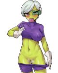  1girl bangs blush breasts breath chirai condom condom_in_mouth condom_wrapper donburikazoku dragon_ball dragon_ball_super dragon_ball_super_broly erect_nipples gloves green_skin large_breasts looking_at_viewer mouth_hold navel purple_eyes purple_shirt purple_shorts pussy pussy_juice scouter self_fondle shirt short_hair shorts shorts_pull simple_background skin_tight solo swept_bangs white_background white_gloves white_hair 