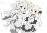  2girls :d alternate_costume apron azur_lane bangs blush breasts cleavage closed_mouth collared_dress detached_sleeves dress enmaided eyebrows_visible_through_hair frilled_apron frills greyscale hair_between_eyes hair_bun hair_ribbon hand_on_own_chest hand_up hat illustrious_(azur_lane) juliet_sleeves large_breasts long_hair long_sleeves maid monochrome multiple_girls object_hug one_side_up open_mouth panties puffy_sleeves purinko ribbon side-tie_panties side_bun simple_background sleeveless sleeveless_dress small_breasts smile sparkle stuffed_alicorn stuffed_animal stuffed_toy sun_hat thighhighs underwear unicorn_(azur_lane) very_long_hair waist_apron white_background 
