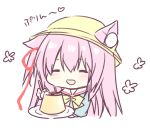  1girl :d animal_ear_fluff animal_ears azur_lane bangs blue_shirt blush bow cat_ears chibi ears_through_headwear eyebrows_visible_through_hair eyes_closed facing_viewer food hair_between_eyes hair_ribbon hat heart holding holding_plate holding_spoon kisaragi_(azur_lane) long_hair one_side_up open_mouth pink_hair plate pudding purinko red_ribbon ribbon sailor_collar school_hat shirt simple_background smile solo spoon translation_request white_background white_sailor_collar yellow_bow yellow_hat 