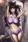  1girl animal_ears arms_up ayya_saparniyazova bikini black_hair blake_belladonna blurry blurry_background bow breasts cat_ears cleavage curly_hair hair_bow halter_top halterneck lips long_hair looking_at_viewer navel nipples parted_lips rwby smile solo swimsuit wet yellow_eyes 