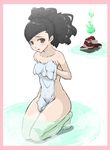  artist_request barefoot bath black_hair blush brown_eyes covering feet hitodama izuna_jinkuro kneeling momohime nude nude_cover oboro_muramasa onsen ponytail towel water 