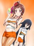  2girls bandabekken bandage bird black_hair breasts brown_hair cup hooters long_hair multiple_girls owl shirt short_shorts shorts sleeveless yamada_tae yuugiri_(zombie_land_saga) zombie_land_saga 