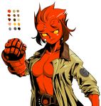  a96507_yoshimitsu breasts demon_girl genderswap genderswap_(mtf) hellboy hellboy_(comic) large_breasts open_clothes open_shirt red_skin shirt short_hair solo 