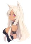  1girl :3 animal_ears bell bell_collar breasts bunnysuit collar eyelashes fang_out long_hair minoa_(lastswallow) original purple_eyes simple_background solo white_background white_hair 