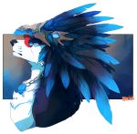  2019 anthro black_fur black_nose blue_eyes blue_feathers canid canine canis digital_media_(artwork) feathers feral fur jewelry mammal necklace ravoilie solo white_fur wolf 