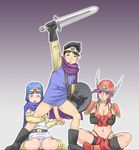  1boy 2girls armor bikini_armor black_eyes black_hair blue_eyes blue_hair boots bottomless breasts cape censored cleavage dragon_quest dragon_quest_iii gloves gradient gradient_background helmet hero hero_(dq3) indian_style large_breasts large_penis long_hair makochin matching_hair/eyes mosaic_censoring multiple_girls penis purple_eyes purple_hair roto sage sage_(dq3) shield short_hair simple_background sitting small_breasts soldier soldier_(dq3) sword wariza 