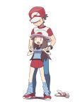  &gt;:o 1boy 1girl agata_(agatha) age_difference baseball_cap blue_(pokemon) breasts brown_hair creatures_(company) game_freak hat height_difference leg_warmers medium_breasts nintendo pokemon pokemon_(game) pokemon_frlg pokemon_sm red_(pokemon) red_hat red_skirt shirt shoes shoes_removed short_sleeves simple_background skirt sleeveless sleeveless_shirt white_background white_footwear white_hat 
