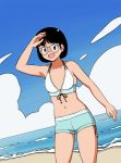  1girl 49s-aragon arm_up bangs beach bikini_top black_hair blue_sky blush cloud cloudy_sky cowboy_shot glasses grey-framed_eyewear hand_up looking_at_viewer navel open_mouth original short_hair sky smile solo waves 