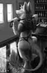  2019 absurd_res ambiguous_species black_and_white butt clothing detailed_background digital_media_(artwork) eyes_closed female fur hair hi_res ironwood long_tail monochrome open_mouth riding_crop swimsuit teeth tuft whip white_fur 