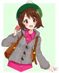  1girl backpack bag bangs blush brown_eyes brown_hair cardigan cowboy_shot creatures_(company) dress female_protagonist_(pokemon_swsh) game_freak green_background green_hat grey_cardigan hat highres holding holding_poke_ball long_sleeves looking_at_viewer nintendo open_mouth pink_dress poke_ball poke_ball_(generic) pokemon pokemon_(game) pokemon_swsh racchi. short_hair simple_background smile solo tam_o&#039;_shanter 