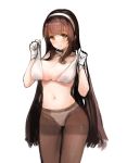  1girl bangs black_hair blush breasts broche_(timpet) brown_legwear cleavage eyebrows_visible_through_hair girls_frontline gloves hairband hands_up highres large_breasts legs_together long_hair looking_at_viewer navel orange_eyes panties panties_under_pantyhose pantyhose qbz-95_(girls_frontline) simple_background skindentation solo straight_hair thighband_pantyhose underwear very_long_hair white_background white_gloves white_hairband white_panties 