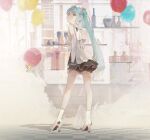  1girl absurdres aqua_eyes aqua_hair balloon bottle detached_sleeves euroroyan from_behind hatsune_miku high_heels highres holding holding_tray long_hair looking_at_viewer looking_back miniskirt shelf skirt sleeveless solo tile_floor tiles tray twintails vocaloid 