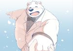  12beat13 2019 anthro belly black_nose blue_background blush bow_tie clothing cute_fangs eyes_closed fur hand_holding humanoid_hands male mammal overweight overweight_male pants polar_bear shirane_kan shirt simple_background ursid ursine utau white_fur 