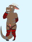  animal_genitalia arm_warmers armwear balls blush clothed clothing crossdressing embarrassed hands_behind_back horn kobold kollynn_blackpaw legwear looking_at_viewer panties penis precum scalie slightly_chubby smile stripes tail_between_legs tapering_penis thigh_highs underwear 