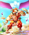  absurd_res anthro armpit_hair canid canine canis daikitei feathered_wings feathers flaccid hi_res humanoid_penis male mammal melee_weapon muscular muscular_male outside pecs penis pubes solo standing sword uncut weapon wings wolf 