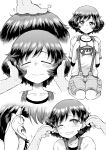  1girl akiyama_yukari cargo_shorts close-up closed_mouth collarbone comic disembodied_hands disembodied_limb doujinshi ear_pull ears hand_in_another&#039;s_hair hand_on_another&#039;s_head highres hirota_masatane looking_at_viewer messy_hair monochrome multiple_views one_eye_closed petting screentones seiza shirt short_hair short_sleeves shorts sitting smile suspenders sweat t-shirt wavy_mouth white_background white_shirt 