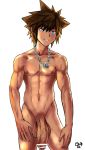  1boy adonis_belt blue_eyes brown_hair chest flaccid foreskin jewelry kingdom_hearts large_penis lostanemone muscle navel necklace nipples nude penis smile solo sora_(kingdom_hearts) spiked_hair stomach toned toned_male veins veiny_penis 