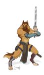  2019 4_toes 5_fingers abs anthro armor belt biceps brown_eyebrows brown_fur brown_nose brown_tail canid canine canis claws clothed clothing digital_media_(artwork) digitigrade domestic_dog eyebrows fighting_stance front_view full-length_portrait fur hi_res holding_object holding_weapon loincloth male mammal melee_weapon muscular muscular_male navel portrait sarf shamerli signature simple_background solo standing sword toe_claws toes vambraces weapon white_background white_claws yellow_eyes 