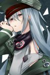  1girl ahoge badge bangs black_scarf chin_rest from_below g11_(girls_frontline) girls_frontline green_headwear green_jacket grey_background grey_eyes half-closed_eyes hat headband highres jacket katsuobushi_(eba_games) long_hair long_sleeves looking_at_viewer off_shoulder red_headband scarf shirt silver_hair sleeveless solo upper_body white_shirt 