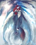  angiewolf anthro black_nose blue_fur breasts canid canine cheek_tuft claws cloud dipstick_tail feathered_wings feathers featureless_breasts featureless_crotch female fur hair long_hair mammal midair multicolored_tail navel nude red_eyes red_hair sky solo star starry_sky sun toe_claws tuft white_belly white_fur wings 