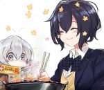  2girls black_hair blush book bow chopsticks eating flower food grill hair_flower hair_ornament happy konno_junko meat mizuno_ai multiple_girls reading silver_hair yuuyu_(777) zombie_land_saga 