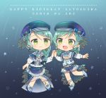  2girls aqua_hair ascot bang_dream! bd_ayknn beret blue_background blue_bow blue_footwear blue_hair blue_neckwear blue_skirt blue_vest bow braid capelet character_name constellation_hair_ornament corset dated earrings full_body green_eyes hair_bow hand_holding happy_birthday hat hikawa_hina hikawa_sayo jewelry leglet long_hair long_sleeves looking_at_another multiple_girls neck_ribbon pearl_(gemstone) print_hat ribbon shirt shoes siblings single_braid sisters skirt starry_sky_print striped striped_neckwear twin_braids twins vertical-striped_vest vest white_shirt 