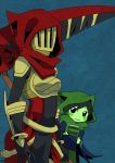  armor black_hair blue_background blush book breastplate cloak dark_acolyte_(shovel_knight) faceless_female female genderswap green_hood green_skin holding holding_object hood male mask red_hood sachy_(sachichy) scythe shovel_knight size_difference specter_knight tied_up video_games weapon 
