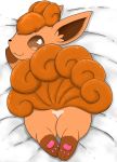  2019 ambiguous_gender bed blush butt canid canine fur hi_res looking_back lying mammal nintendo nude on_bed orange_fur pawpads paws pok&eacute;mon pok&eacute;mon_(species) raised_tail smile solo video_games vulpix ていかく 