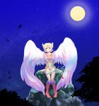  1girl angel_wings anzuni_(marblefrog) armor bandage blonde_hair boots breath_of_fire breath_of_fire_i closed_mouth commentary_request elbow_gloves gloves green_eyes hairband knee_boots leotard looking_at_viewer moon nina_(breath_of_fire_i) rock short_hair smile solo thighhighs white_wings wings 