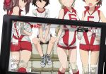  4girls arms_behind_back bangs bike_shorts black_shorts blonde_hair blush brown_hair camcorder closed_mouth copyright_name cover cover_page doujin_cover elbow_pads english_text facing_viewer from_behind frown girls_und_panzer gym_shirt gym_uniform hairband hand_on_hip head_out_of_frame headband isobe_noriko kawanishi_shinobu kikunosukemaru knee_pads kondou_taeko leaning_forward long_hair looking_back multiple_girls no_eyes no_legwear open_mouth rating recording red_headband red_legwear red_shirt red_shorts sasaki_akebi shirt shoes short_hair short_ponytail short_shorts short_sleeves shorts single_horizontal_stripe sitting sleeveless sleeveless_shirt smile sneakers socks sportswear standing t-shirt thigh_gap viewfinder volleyball_uniform white_footwear white_hairband white_shirt 