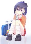  1girl ass bag bare_legs blush bow bowtie brown_jacket character_pin commentary_request convenient_leg curious full_body gabriel_dropout hair_ornament hairclip hand_on_own_cheek highres holding holding_phone jacket jewelry knees_up looking_at_phone loose_bowtie necklace phone plaid plaid_skirt pleated_skirt purple_eyes purple_hair red_bow red_skirt reflection school_bag school_uniform shirt simple_background sitting skirt solo striped striped_legwear tenma-gav tenma_gabriel_white thighs tsukinose_vignette_april upskirt vertical-striped_legwear vertical_stripes white_legwear white_shirt x_hair_ornament 