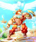  absurd_res anthro armpit_hair canid canine canis daikitei feathered_wings feathers flaccid hi_res humanoid_penis male mammal melee_weapon muscular muscular_male outside pecs penis pubes solo standing sword uncut weapon wings wolf 