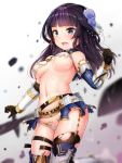  1girl agatsuma_kaede alice_gear_aegis armor bangs bikini_armor black_eyes black_gloves black_legwear blunt_bangs blurry boots breasts broken_armor depth_of_field doyouwantto elbow_gloves eyes_visible_through_hair flower garter_straps gloves gradient gradient_background greaves hair_flower hair_ornament long_hair medium_breasts navel open_mouth purple_hair solo sweat thigh_boots thighhighs torn_bikini unaligned_breasts underboob vambraces 