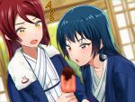  /\/\/\ 2girls :o bangs bath_yukata blue_hair blurry blurry_background blush food hanten_(clothes) japanese_clothes kimono long_hair love_live! love_live!_sunshine!! multiple_girls popsicle purple_eyes red_hair sakurauchi_riko sellel sliding_doors sweat towel towel_around_neck tsushima_yoshiko upper_body yellow_eyes yukata 