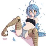  1girl ahoge bare_shoulders blue_feathers blue_hair blue_wings blush breasts claws embarrassed eyebrows_visible_through_hair feathered_wings feathers hair_between_eyes harpy highres knightmareluna looking_at_viewer midriff miniskirt monster_girl monster_musume_no_iru_nichijou navel orange_eyes papi_(monster_musume) presenting short_hair simple_background sitting skirt small_breasts solo spread_legs talons tank_top teeth thighs top white_background wings 