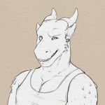  1:1 2019 anthro bust_portrait clothed clothing digital_media_(artwork) dragon ear_piercing ear_ring front_view grey_background greyscale grin hi_res homogenousrule horn looking_at_viewer male monochrome muscular muscular_male pecs piercing portrait scalie shirt simple_background smile solo tank_top teeth topwear 