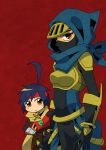  1boy 1girl armor bag belt black_hair blush breastplate brown_eyes cape eyebrows eyelashes face_mask female genderswap hand_on_hip headband hood looking_at_viewer male mask pauldrons red_background red_headband red_shirt reize_seatlan sachy_(sachichy) shovel_knight size_difference skin_tight specter_knight tied_up video_games young 