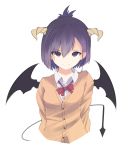  1girl absurdres bow bowtie brown_jacket collared_shirt demon_girl demon_horns demon_tail demon_wings evil_smile gabriel_dropout hair_ornament hairclip highres horns jacket loose_bowtie red_bow red_neckwear shaded_face shirt short_hair simple_background smile solo tail tsukinose_vignette_april upper_body white_background white_shirt wings you_gonna_get_raped yuzusuke10 
