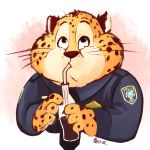  1:1 2017 3_fingers anthro benjamin_clawhauser benzbt beverage black_eyes black_spots bottle cheetah claws clothed clothing disney felid feline front_view fur holding_object looking_up male mammal necktie orange_fur overweight police_uniform shirt simple_background solo spots straw sucking topwear uniform whiskers zootopia 