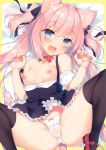  1girl :d animal_ears bare_shoulders black_legwear blue_eyes blush bow bow_panties breasts cameltoe cat_ears cat_tail choker claw_pose dress dress_lift eyebrows_visible_through_hair fang frill_trim hair_ribbon head_tilt highres looking_at_viewer mary_janes nipples non-web_source off-shoulder_shirt off_shoulder open_mouth original panties pink_hair ribbon ribbon_choker sazaki_ichiri shirt shirt_pull shoes simple_background small_breasts smile solo spread_legs strap_slip sweat tail thighhighs two_side_up underwear white_background white_panties 