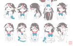  /\/\/\ 1girl :o black_hair blue_bow blue_neckwear bow closed_mouth expressions frown grin hand_on_own_elbow hand_up highres horns kani_onigiri_(shottare) kijin_seija long_hair multicolored_hair open_mouth puffy_short_sleeves puffy_sleeves red_eyes red_hair sanpaku sharp_teeth short_sleeves smile streaked_hair surprised teeth touhou upper_body upside-down v-shaped_eyebrows white_background white_hair 