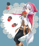  1girl animal_ears apple belt belt_pouch black_hair black_pants brown_gloves fire_emblem fire_emblem_if food fruit gloves grey_hair holding hood hood_up long_hair long_sleeves multicolored_hair nintendo open_mouth pants pouch red_eyes solo streaked_hair tail velour_(fire_emblem_if) wolf_ears wolf_tail yuyu_(spika) 