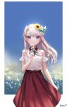  1girl bangs bare_shoulders blue_eyes borrowed_character commentary_request eat_8971 eyebrows_visible_through_hair flower grey_hair hair_flower hair_ornament herme_(ohisashiburi) highres holding holding_flower long_hair long_skirt looking_at_viewer original red_skirt skirt solo 