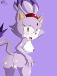  anthro blaze_the_cat blush butt felid feline female fur hi_res kcn looking_at_viewer looking_back mammal nipples nude open_mouth pussy simple_background solo sonic_(series) standing video_games 