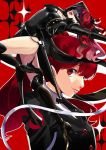  1girl ass black_jacket black_legwear bow breasts gloves jacket kiyomiya leotard long_hair looking_at_viewer open_mouth persona persona_5 persona_5_the_royal ponytail red_eyes red_gloves red_hair school_uniform simple_background smile solo sword thighhighs weapon yoshizawa_kasumi 