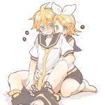  1boy 1girl ? barefoot bass_clef blonde_hair blue_eyes blush brother_and_sister covering covering_crotch crotch_grab embarrassed groping hair_ornament hairclip head_on_another&#039;s_shoulder hug hug_from_behind incest kagamine_len kagamine_rin kneeling looking_down necktie nervous ryou_(fallxalice) sailor_collar shirt shorts shorts_down siblings sitting sketch sleeveless sleeveless_shirt sweat twincest twins vocaloid 