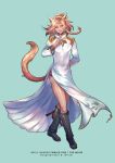  1boy animal_ears black_panties blonde_hair blue_background boots braid cat_ears cat_tail china_dress chinese_clothes commission dark_skin dress earrings eyeshadow final_fantasy final_fantasy_xiv full_body jewelry legs_crossed long_hair looking_at_viewer makeup male_focus miqo&#039;te one_eye_closed panties preyanan_suwanpramote short_ponytail side_slit smile solo standing tail underwear yellow_eyes 