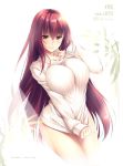  1girl bottomless breasts choco_chip clothes_pull collar_tug commentary_request curtains eyebrows_visible_through_hair fate/grand_order fate_(series) hair_intakes indoors large_breasts light_blush long_hair long_sleeves looking_at_viewer plant purple_hair red_eyes ribbed_sweater scathach_(fate)_(all) scathach_(fate/grand_order) see-through smile solo sweater sweater_pull thighs turtleneck turtleneck_sweater 